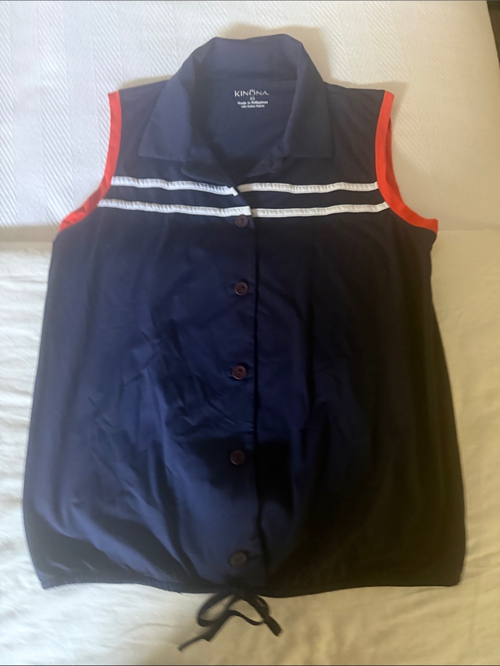 Kinona Navy Button-Down Sleeveless Top with Red Trim